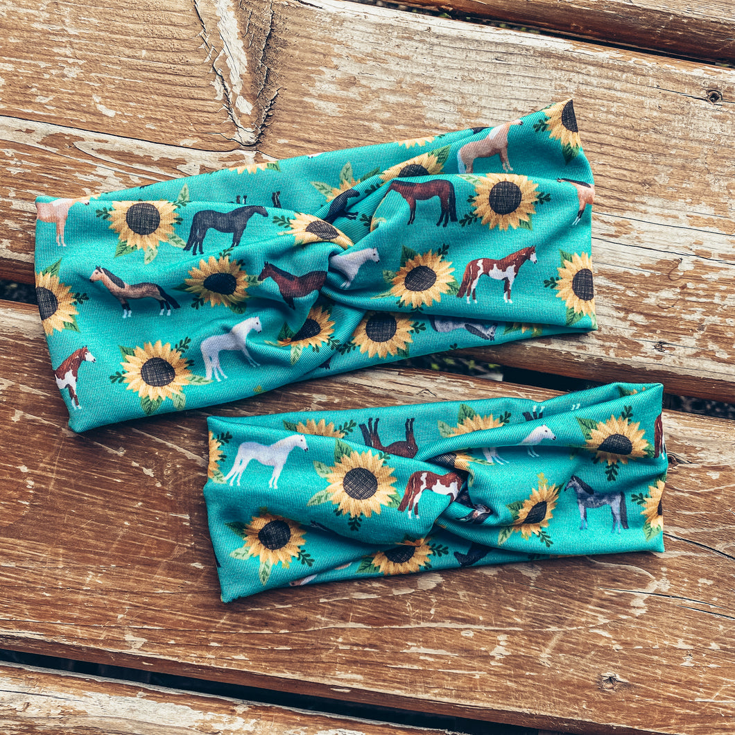 Teal Sunflowers & Horses Headband (Toddler ONLY)